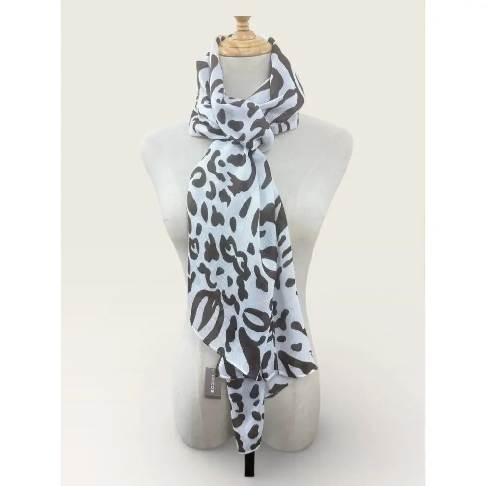 Black and White Stripe and Dot Pattern Scarf with Red Border, 70”
